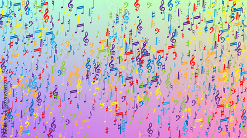 Disco Background. Colorful Musical Notes Symbol Falling on Hologram Background. Many Random Falling Notes  Bass and  Treble Clef. Disco Vector Template with Musical Symbols.