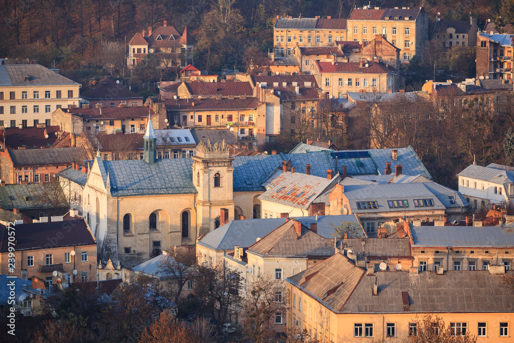 Lviv, city view, historical city center, Ukraine. Lviv roofs. The Church and Convent of the Benedictines