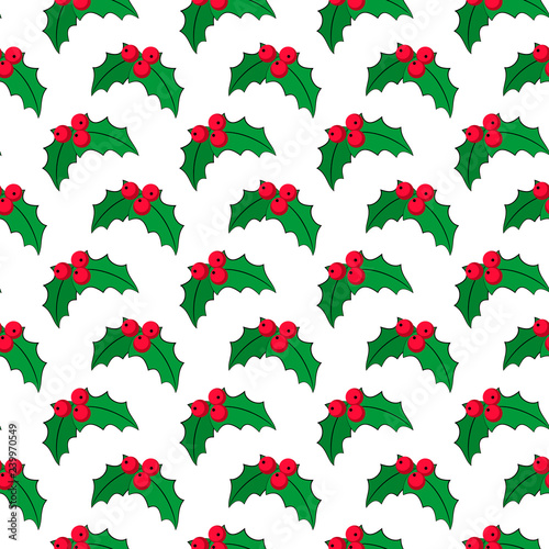 Vector seamless pattern. Christmas red berries with green leaves  isolated on white background. Festive decorative background.