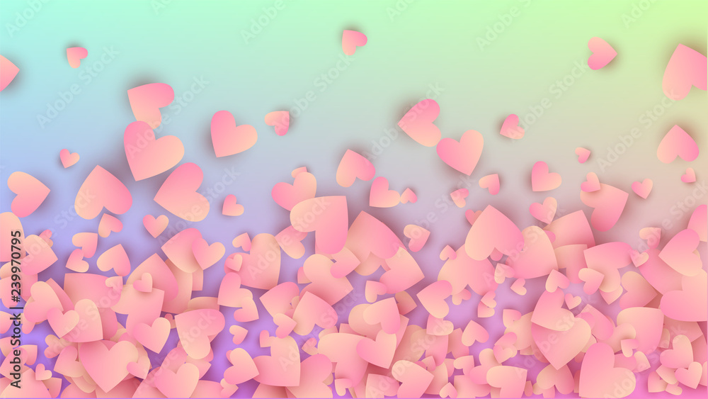 Love Background. Many Random Falling Purple Hearts on Hologram Backdrop. Card Template. Heart Confetti Pattern. Vector Love Background.