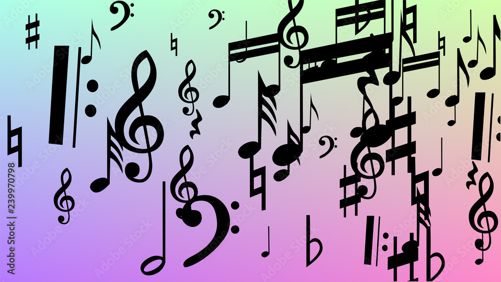 Disco Background. Many Random Falling Notes, Bass and, Treble Clef. Black Musical Notes Symbol Falling on Hologram Background. Disco Vector Template with Musical Symbols. Disco Background. Many Random Falling Notes, Bass and, Treble Clef. Black Musical Notes Symbol Falling on Hologram Background. Disco Vector Template with Musical Symbols.