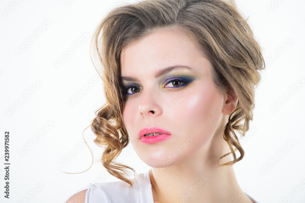 Girl retro hairstyle and makeup close up. Retro and vintage. Girl with perfect healthy skin and beautiful makeup. Woman confident face with makeup on white background. Elegant makeup concept Girl retro hairstyle and makeup close up. Retro and vintage. Girl with perfect healthy skin and beautiful makeup. Woman confident face with makeup on white background. Elegant makeup concept