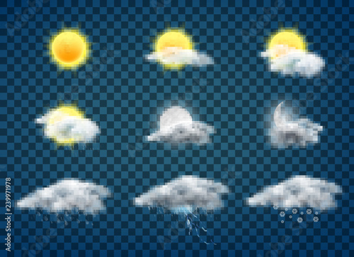 Day and night weather forecast app realistic vector icons set isolated on transparent background. Sun and moon in clouds, rainy, stormy and snowy weather, meteorology calendar pictogram collection
