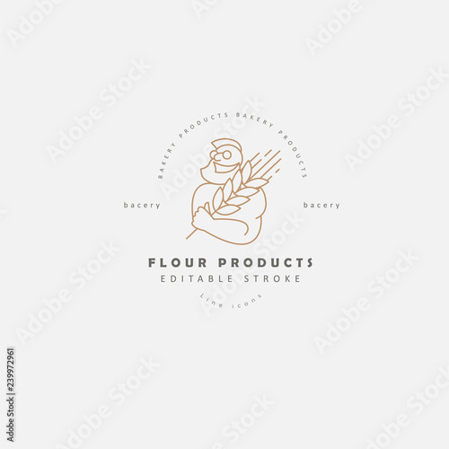 Vector icon and logo for natural flour product and bacery. Editable outline stroke size. Line flat contour, thin and linear design. Simple icons. Concept illustration. Sign, symbol, element.