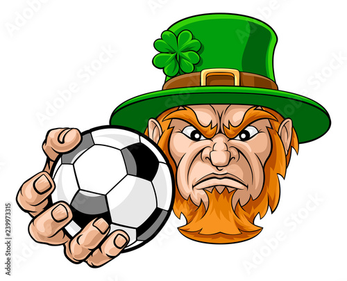 A leprechaun soccer football sports mascot holding a ball 