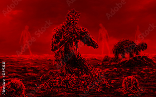 Scary zombie sits and eats on red background.