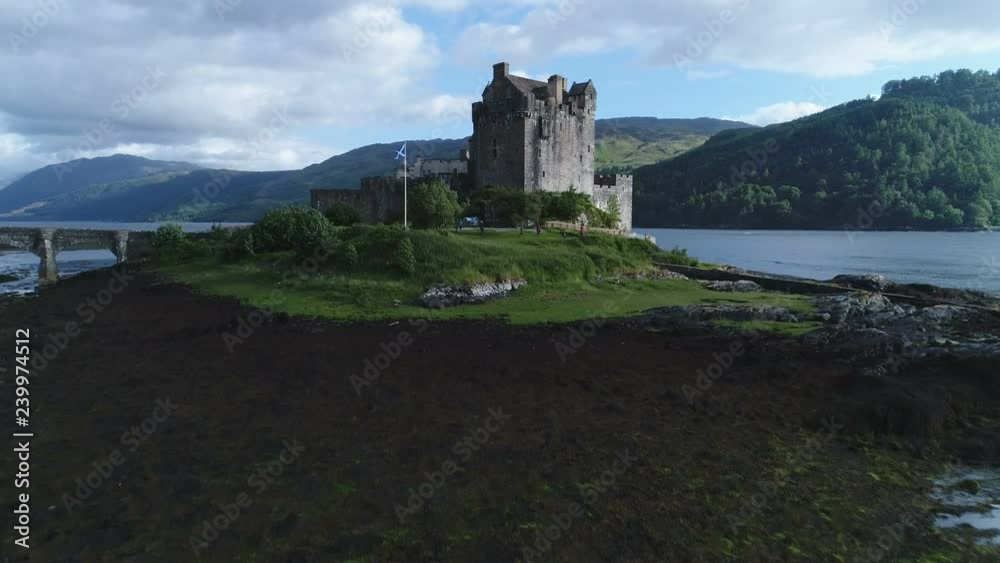 Aerial view of popular Eilean Donan castle, history and tourism in Scotland Aerial view of popular Eilean Donan castle, history and tourism in Scotland