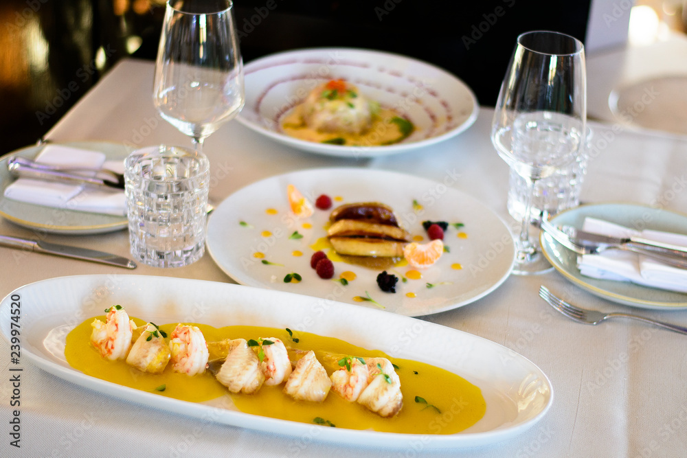 Luxury Restaurant Table, Shrimps, carpaccio and foie gras