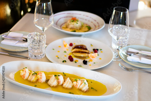 Luxury Restaurant Table, Shrimps, carpaccio and foie gras