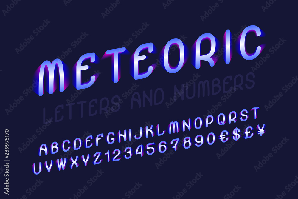 Meteoric letters with numbers and currency signs. Vibrant font. Isolated english alphabet.