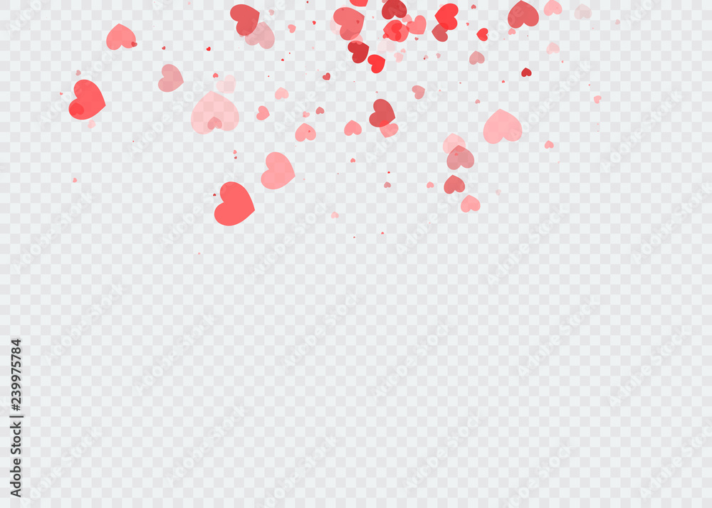 Heart confetti falling down isolated. Valentines day concept. Heart shapes overlay background.