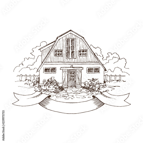 Rural landscape with old farmhouse and garden. Hand drawn illustration in vintage style. Large residential barn with a wooden fence. Retro ribbon for your text. Vector design