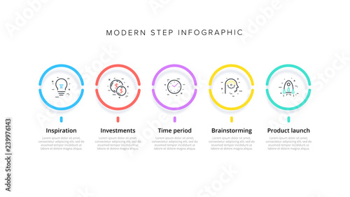 Business process chart infographics with 5 step circles. Circular corporate workflow graphic elements. Company flowchart presentation slide template. Vector info graphic design.