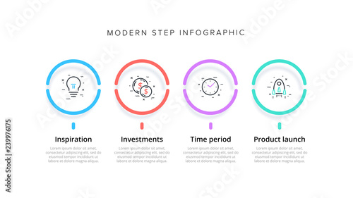 Business process chart infographics with 4 step circles. Circular corporate workflow graphic elements. Company flowchart presentation slide template. Vector info graphic design.