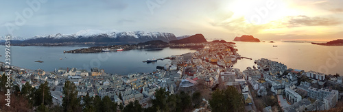 Panorama of the Alesund town in Norway at sunset