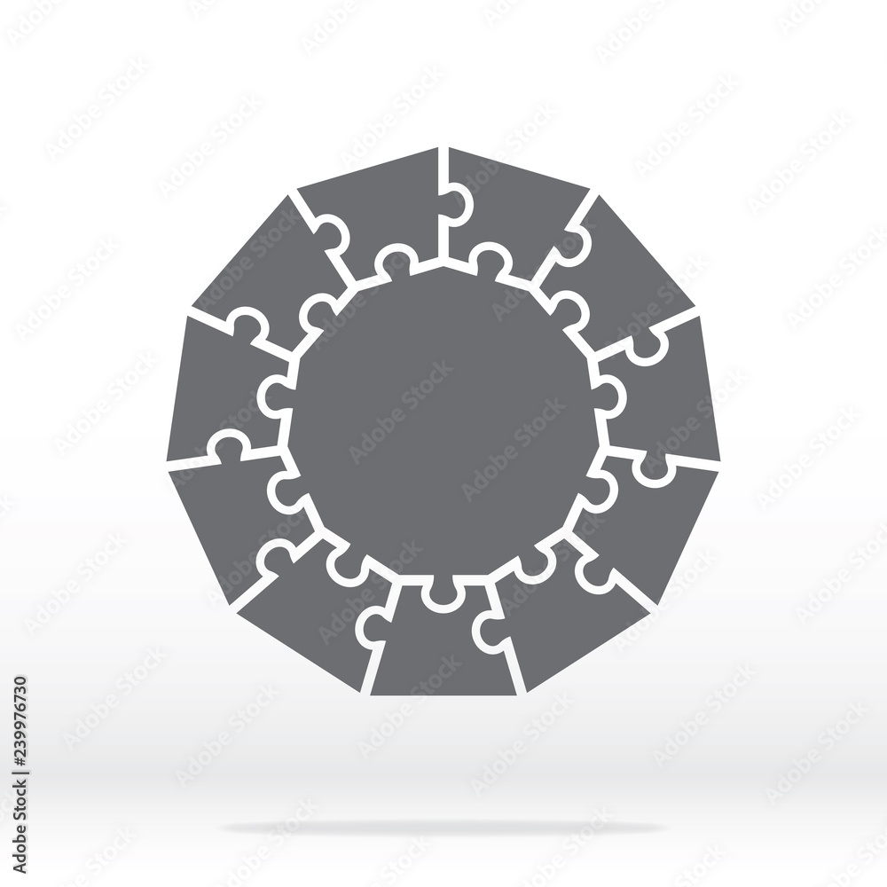 Simple icon polygonal puzzle in gray. Simple icon polygonal puzzle of the eleven elements and center on gray background. Flat design. Vector illustration EPS10. 