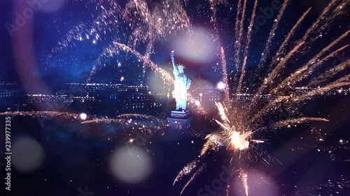 Fireworks at Night with Statue of Liberty, Happy New Year Text with fireworks isolated on black background, Celebration magic background with beautiful typography.