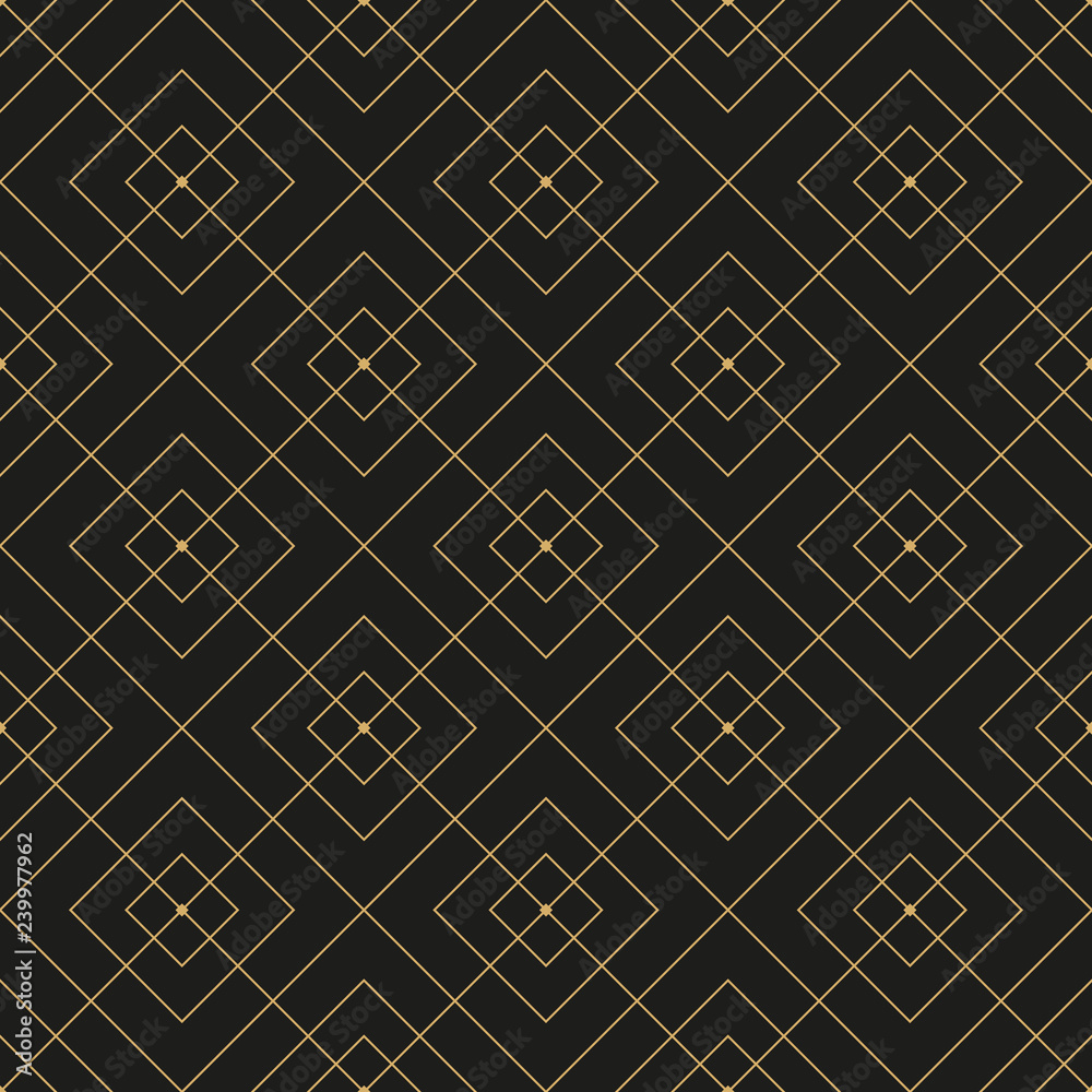 Fototapeta premium Geometric golden ornament. Seamless pattern on black background.