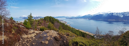 Panorama of west Norway coastline from the Sukkertoppen hill