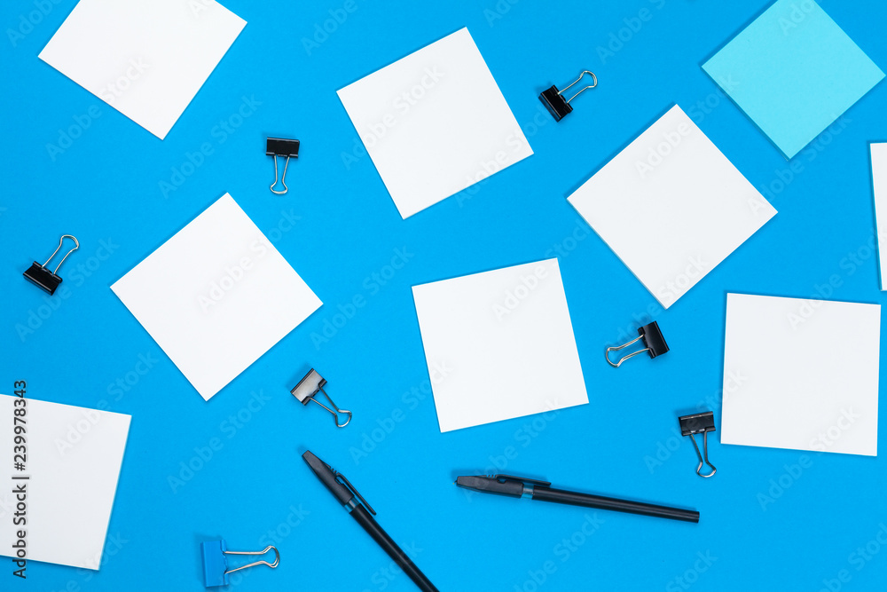 mock up concept. cards Papers on blue background. Top view, flat lay, copy space mock up concept. cards Papers on blue background. Top view, flat lay, copy space