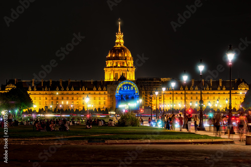 Espalnade des Invalides at night - Paris, France. Long exposure photography with car traffic.