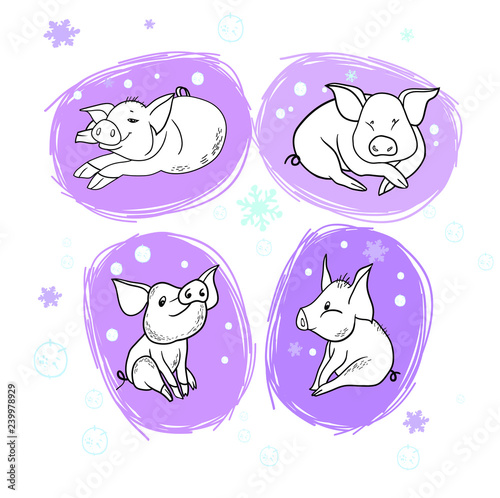 New Year's cheerful pig Set of drawings in vector, new year design, congratulation, postcard, pets, cartoon hero