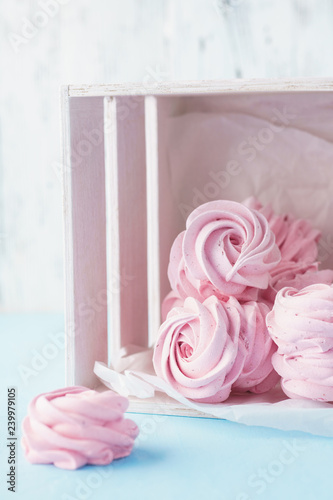 Homemade pink marshmallow or zephyr in a box. Romantic dessert.