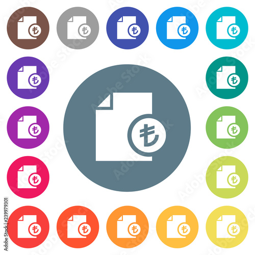 Turkish Lira financial report flat white icons on round color backgrounds
