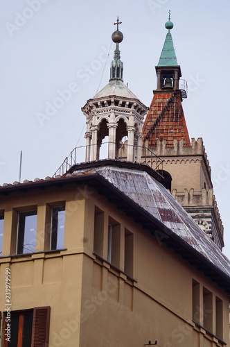 Top view of the lantern of the Baptistery and the steeple of the Cathedral of Saint Zeno, Pistoia, Tuscany, Italy