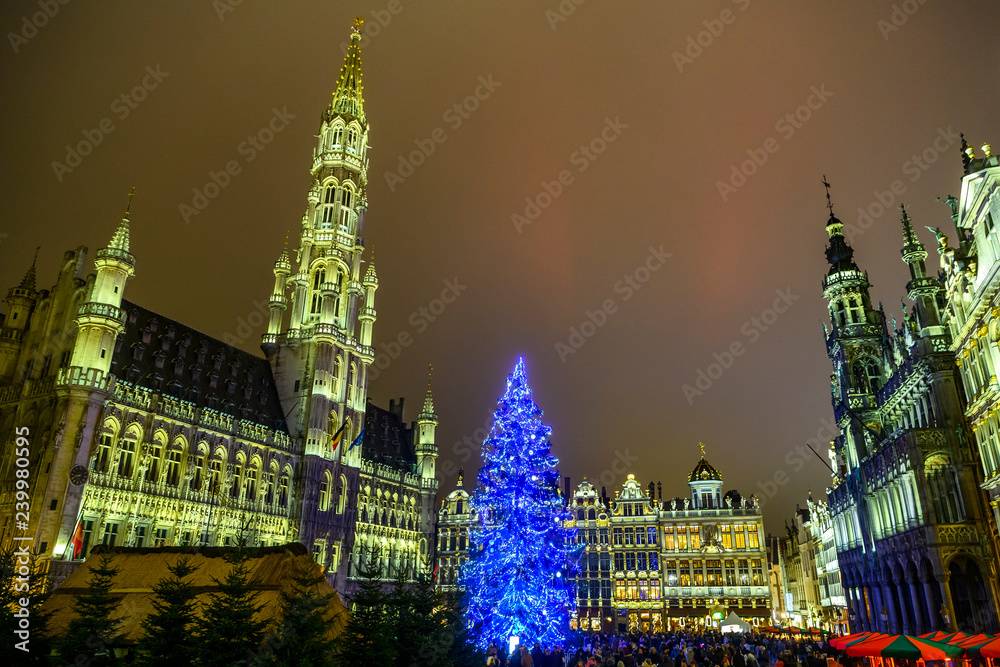 Christmas  lights show on the Grand Place with a huge Christmas tree in BRUSSELS, BELGIUM. 16-12-2018
