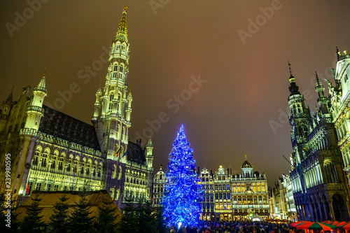 Christmas  lights show on the Grand Place with a huge Christmas tree in BRUSSELS, BELGIUM. 16-12-2018