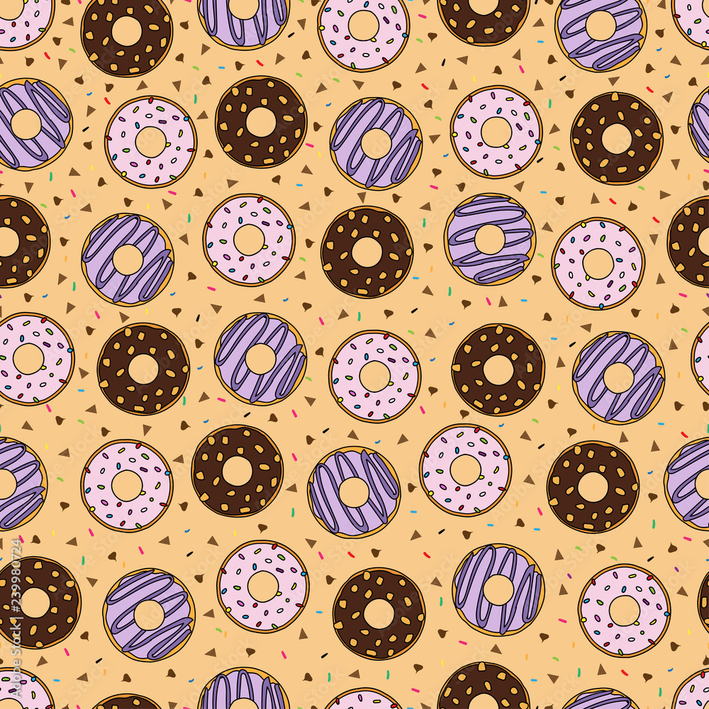 Vector cartoon seamless pattern with donuts.