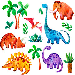 Fotobehang Dinosaurus Handgeschilderd patroon met cartoon dinosaurussen  © aksol