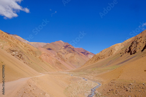 Andes landscape and the road leading to Paso De Agua Negra mountain pass  Region de Coquimbo  Chile to Argentina