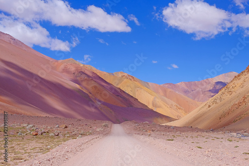 Andes landscape and the road leading to Paso De Agua Negra mountain pass, Region de Coquimbo, Chile to Argentina