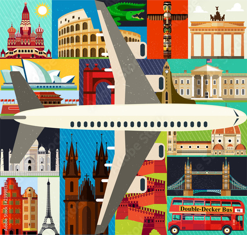Top-Rated Tourist Attractions with Plane. Vector Illustration.