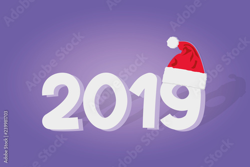 Inscription 2019 is white with a purple shade with a New Year hat on a figure with a shadow on a gradient blue color.