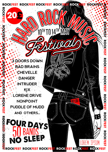 Hard Rock Festival Poster with Girl. Vector Illustration.