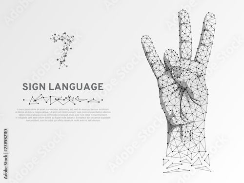 Origami style Sign language number seven gesture, hand with three fingers pointing up. Polygonal low poly. Deaf People silent communication alphabet. Connection wireframe. Vector 7 on white background