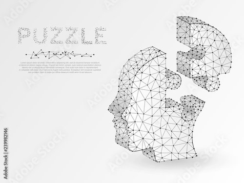 Origami style Jigsaw Puzzle head 3d silhouette. Business infographic presentation. low poly model of human head in form of Polygonal connection with wireframe. Vector autism or Down Syndrome concept