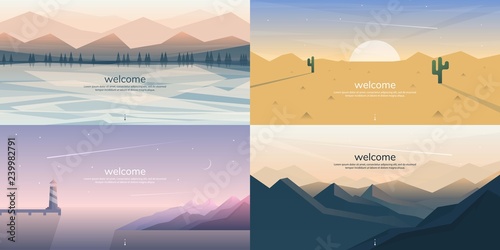 Vector banners set with polygonal landscape