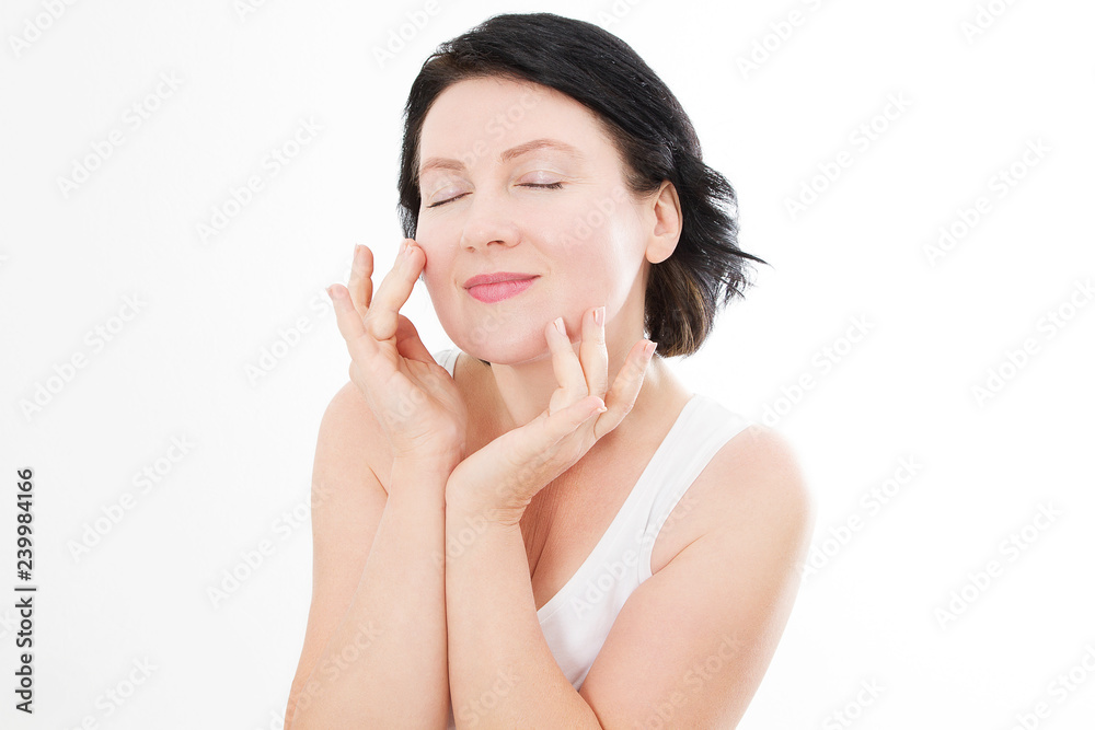 Beauty middle age woman face portrait. Spa and anti aging concept Isolated on white background. Plastic surgery and collagen face injections. Wrinkles and menopause. Mock up. Copy space Beauty middle age woman face portrait. Spa and anti aging concept Isolated on white background. Plastic surgery and collagen face injections. Wrinkles and menopause. Mock up. Copy space