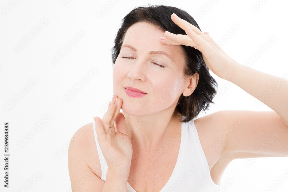 Naklejka premium Macro Woman face with wrinkles on the forehead. Collagen and face injections concept. Menopause. Cropped image. Copy space and mock up. Plastic surgery