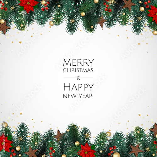 Merry Christmas and Happy New Year. Xmas background with gift box, Snowflakes and balls design.