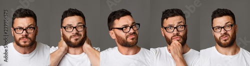 Collage of young man in glasses facial expressions