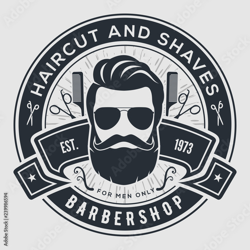Barber shop vintage label, badge, or emblem on gray background. Vector illustration