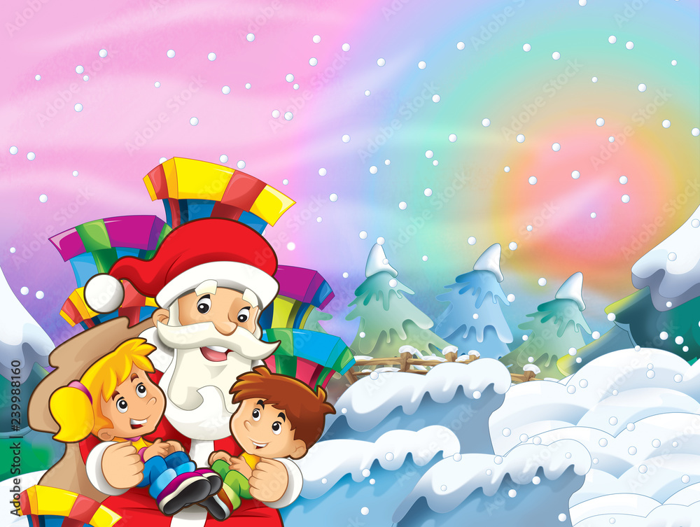 cartoon snow scene with santa claus and kids - illustration for children