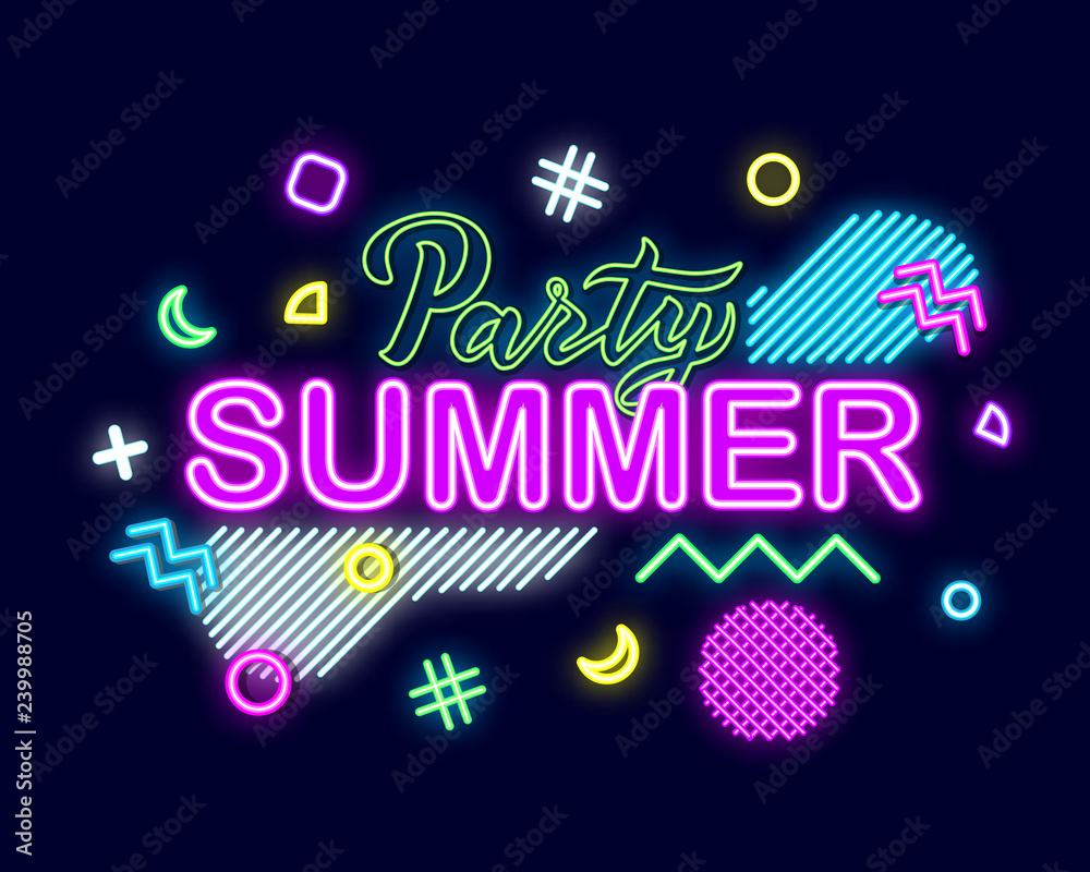 Summer neon sign with bright illumination. Party summer poster.