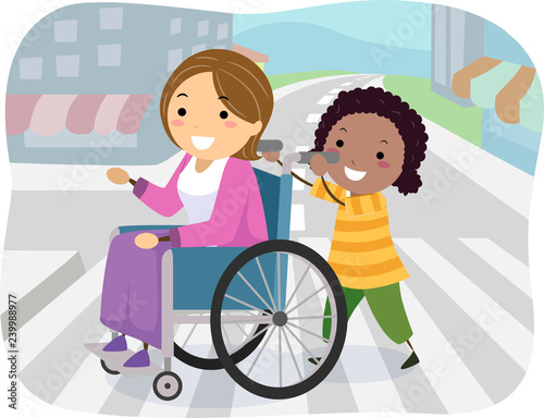 Stickman Kid Girl Cross Street Wheelchair