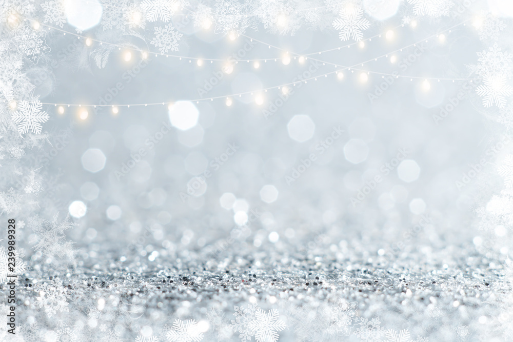 Silver and white glitter abstract bokeh background Christmas